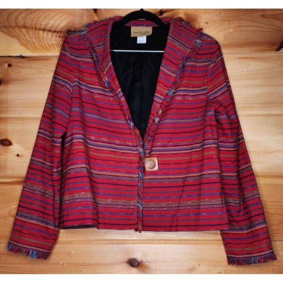 Painted Pony Women’s medium Red Striped Cotton Fringed Button Jacket Made in USA - Picture 3 of 10